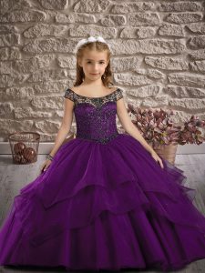 Excellent Purple Cap Sleeves Tulle Sweep Train Lace Up Girls Pageant Dresses for Wedding Party