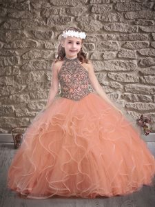 Latest Ball Gowns Little Girls Pageant Gowns Orange Halter Top Tulle Sleeveless Floor Length Lace Up