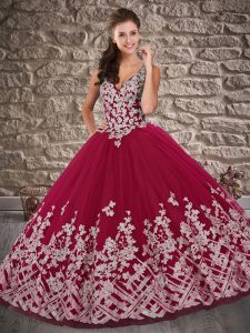 Noble Sleeveless Appliques Lace Up Sweet 16 Quinceanera Dress with Wine Red Brush Train