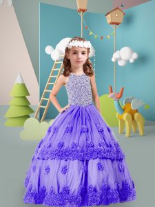 Best Lavender Ball Gowns Tulle Scoop Sleeveless Beading and Hand Made Flower Floor Length Zipper Kids Pageant Dress