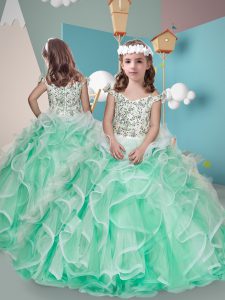 Apple Green Sleeveless Floor Length Beading and Ruffles Zipper Pageant Gowns For Girls