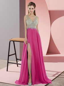 Smart Hot Pink Chiffon Zipper Prom Dresses Sleeveless Sweep Train Beading