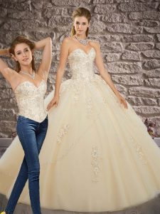 Super Champagne Sleeveless Appliques Lace Up 15 Quinceanera Dress