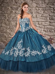 Teal Ball Gowns Taffeta Strapless Sleeveless Appliques Floor Length Lace Up 15th Birthday Dress