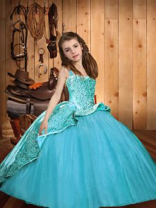 Aqua Blue Ball Gowns Straps Sleeveless Tulle Floor Length Lace Up Beading and Appliques Child Pageant Dress