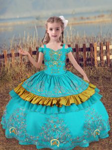 Aqua Blue Off The Shoulder Lace Up Beading and Embroidery Kids Pageant Dress Sleeveless