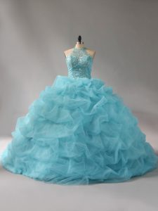 Classical Halter Top Sleeveless Organza Quinceanera Gowns Beading and Pick Ups Court Train Lace Up