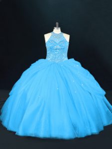 Aqua Blue Sleeveless Floor Length Beading Lace Up Quinceanera Gown