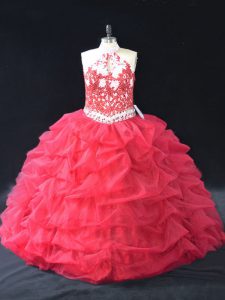 Red Sleeveless Floor Length Beading and Lace Backless Quinceanera Gown