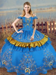 Eye-catching Blue Quince Ball Gowns Sweet 16 and Quinceanera with Embroidery Off The Shoulder Sleeveless Lace Up
