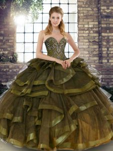 Pretty Sweetheart Sleeveless Tulle 15th Birthday Dress Beading and Ruffles Lace Up
