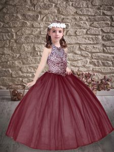 Brown Halter Top Lace Up Beading Little Girls Pageant Gowns Sleeveless