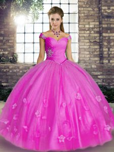 Gorgeous Tulle Off The Shoulder Sleeveless Lace Up Beading and Appliques Quinceanera Dresses in Lilac