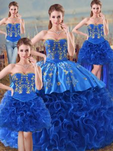 Superior Sweetheart Sleeveless 15 Quinceanera Dress Floor Length Embroidery and Ruffles Royal Blue Fabric With Rolling F