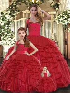 Red Sleeveless Ruffles Floor Length Quince Ball Gowns