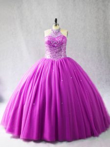 Fine Lilac Halter Top Neckline Beading Quinceanera Dress Sleeveless Lace Up