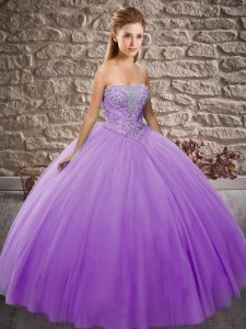 Glittering Lavender Ball Gowns Tulle Strapless Sleeveless Beading Floor Length Lace Up Quinceanera Gowns