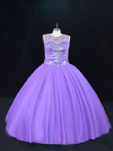 Glamorous Tulle Scoop Sleeveless Lace Up Beading Vestidos de Quinceanera in Lavender