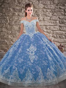 Stylish Tulle and Lace Off The Shoulder Sleeveless Brush Train Lace Up Beading and Appliques Sweet 16 Quinceanera Dress 