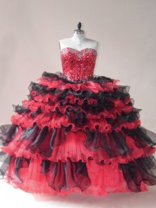 Clearance Red And Black Sleeveless Beading and Ruffled Layers Floor Length Ball Gown Prom Dress