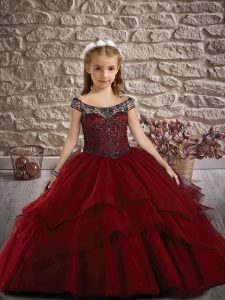 Off The Shoulder Cap Sleeves Kids Formal Wear Sweep Train Beading and Ruffled Layers Wine Red Tulle
