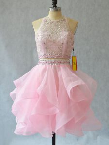 Custom Fit Halter Top Sleeveless Backless Dress for Prom Baby Pink Tulle