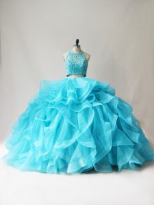 Free and Easy Floor Length Aqua Blue 15th Birthday Dress Halter Top Sleeveless Lace Up