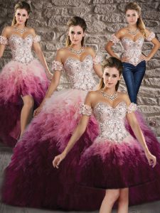 Elegant Tulle Sleeveless Quince Ball Gowns Brush Train and Beading and Ruffles
