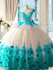 Wonderful Brush Train Ball Gowns Quinceanera Gown Blue And White Scoop Tulle Sleeveless Zipper