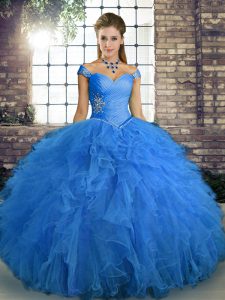 Blue Sleeveless Floor Length Beading and Ruffles Lace Up Quinceanera Gowns