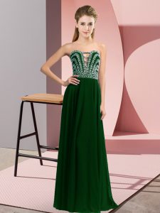 Floor Length Lace Up Prom Evening Gown Dark Green for Prom and Party with Beading