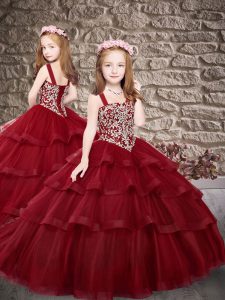 Tulle Sleeveless Little Girls Pageant Dress Sweep Train and Embroidery and Ruffled Layers
