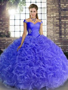 High End Blue Fabric With Rolling Flowers Lace Up Off The Shoulder Sleeveless Floor Length Vestidos de Quinceanera Beadi