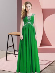 Hot Selling Beading Prom Dresses Green Cap Sleeves Floor Length
