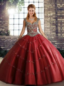 Luxurious Beading and Appliques Quinceanera Dress Wine Red Lace Up Sleeveless Floor Length