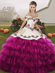 Fuchsia Ball Gowns Off The Shoulder Sleeveless Organza Floor Length Lace Up Embroidery and Ruffled Layers Vestidos de Qu