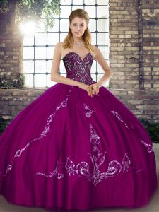 Fuchsia Tulle Lace Up Sweet 16 Quinceanera Dress Sleeveless Floor Length Beading and Embroidery