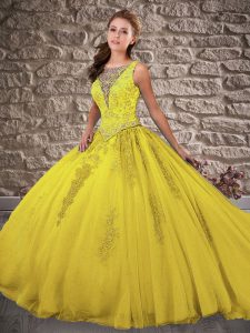 Great Sleeveless Brush Train Zipper Beading and Appliques Quinceanera Dress