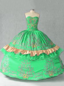 Green Organza Lace Up Sweetheart Sleeveless Floor Length Sweet 16 Dresses Embroidery and Bowknot