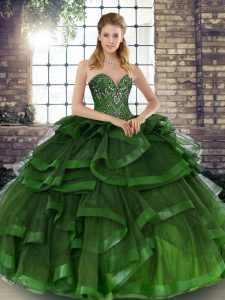 Graceful Sleeveless Tulle Floor Length Lace Up Quinceanera Dress in Green with Beading and Ruffles