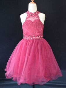 Mini Length Lace Up Girls Pageant Dresses Hot Pink for Wedding Party with Beading and Lace