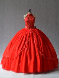 Glorious Floor Length Red Ball Gown Prom Dress Halter Top Sleeveless Lace Up