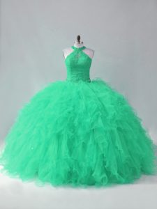 Turquoise Tulle Lace Up Halter Top Sleeveless Quinceanera Dress Beading and Ruffles