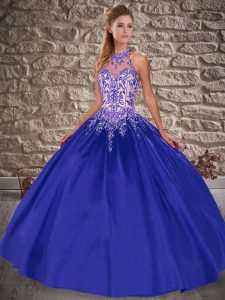 Brush Train Ball Gowns Quinceanera Dresses Royal Blue Halter Top Satin Sleeveless Lace Up