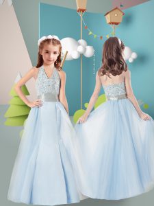 Light Blue Zipper Halter Top Beading Pageant Dress for Girls Tulle Sleeveless