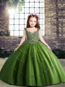 Eye-catching Ball Gowns Little Girl Pageant Gowns Green Straps Tulle Sleeveless Floor Length Lace Up