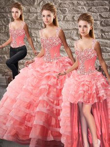 Straps Sleeveless Ball Gown Prom Dress Court Train Beading and Ruffled Layers Watermelon Red Organza