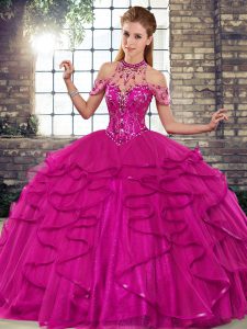 Luxurious Fuchsia Quinceanera Gowns Military Ball and Sweet 16 and Quinceanera with Beading and Ruffles Halter Top Sleev