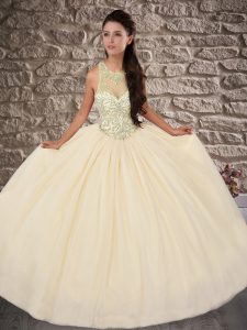 Perfect Champagne Sleeveless Tulle Brush Train Lace Up Sweet 16 Dress for Military Ball and Sweet 16 and Quinceanera