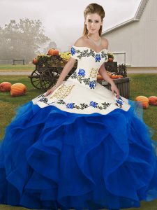 New Arrival Royal Blue Ball Gowns Tulle Off The Shoulder Sleeveless Embroidery and Ruffles Floor Length Lace Up Quincean